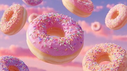 Pink donuts float in pastel sky