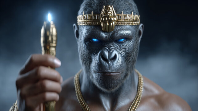 Majestic mystical monkey deity with glowing blue eyes, gold crown, and scepter exuding power and mystery in dramatic atmosphere - Powered by Adobe