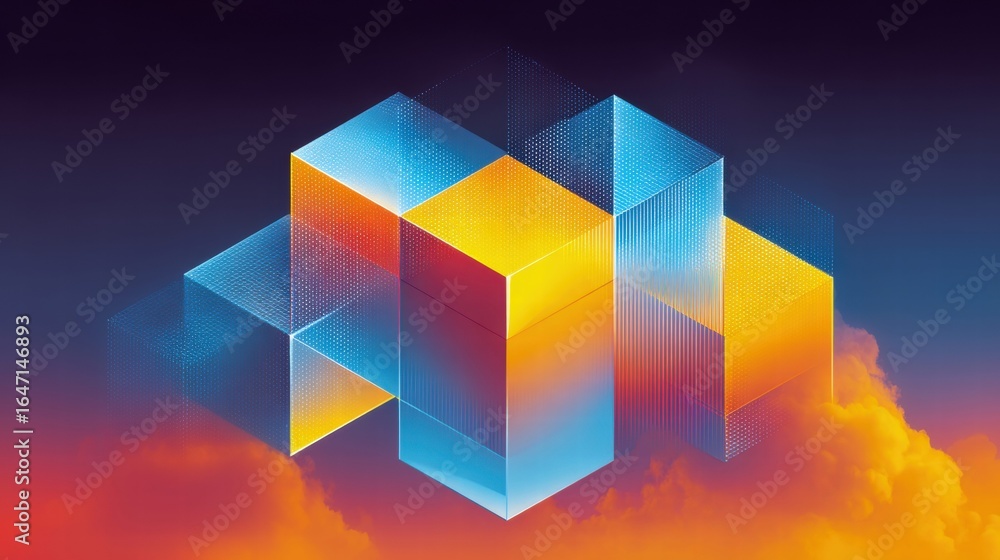 Poster vibrant abstract composition featuring geometric cubes with gradient colors and cloud-like backgroun