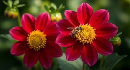 Honeybee gathering pollen from vibrant crimson flower blooms