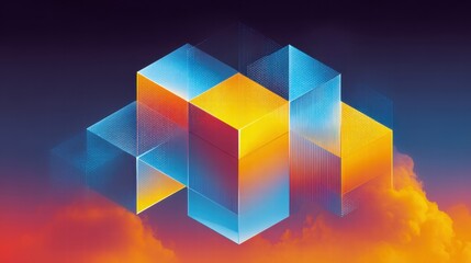 Obraz premium Vibrant abstract composition featuring geometric cubes with gradient colors and cloud-like background.