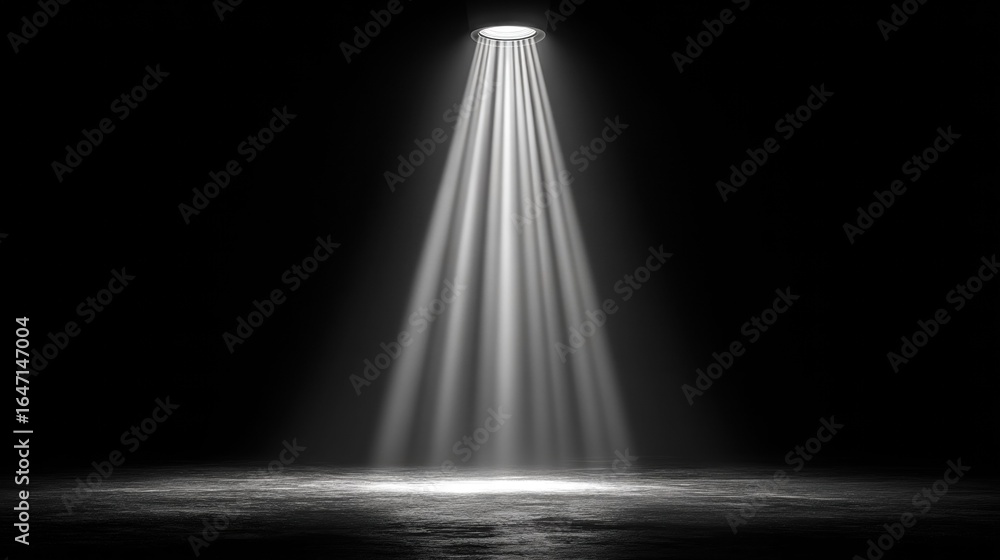 Poster dramatic spotlight illuminating a dark scene with a textured surface, creating shadows and light bea