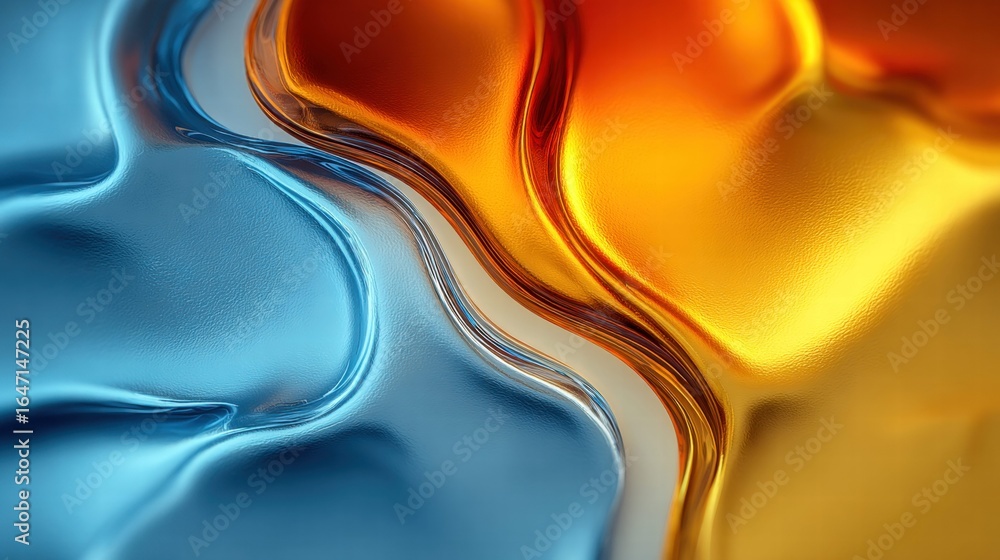 Poster an abstract artwork with fluid textures and a blend of golden and blue hues, creating a dynamic aest