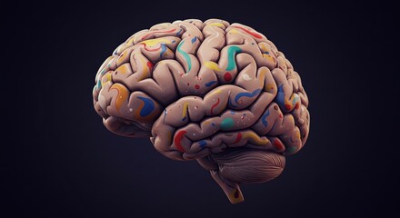A detailed, colorful depiction of a human brain against a dark background, showcasing its intricate structure and playful paint splatters.