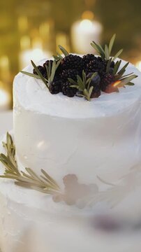 Close-up of a beautiful wedding cake with candles in the background, decorated with blueberries and flowers in the evening near the arch, light bulbs in the background. Vertical video.