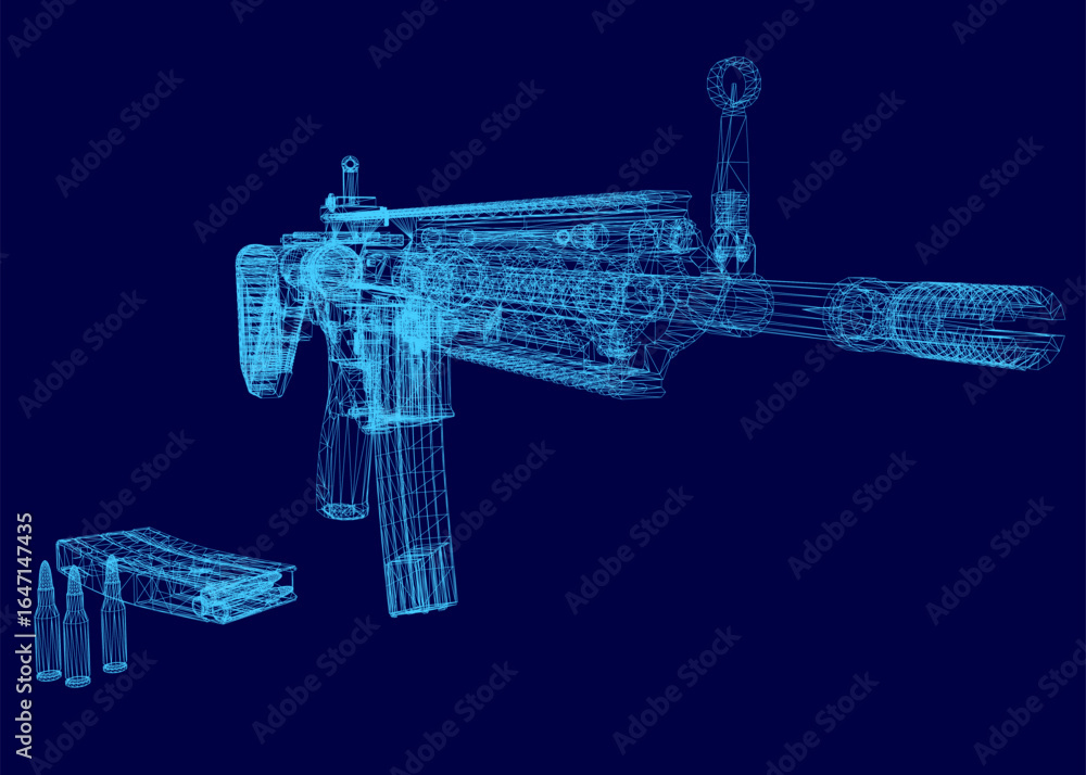 Aufkleber a 3d wireframe model of an assault rifle displayed on a solid blue background with scattered bullets