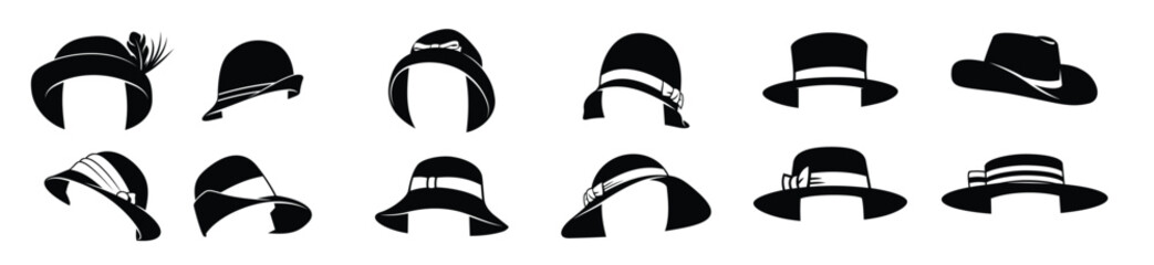woman hats set black and white clipart's isolated on white