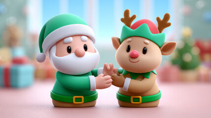 Santa reindeer Christmas holiday winter cute clay figurine festive joyful together friendship decoration gift background