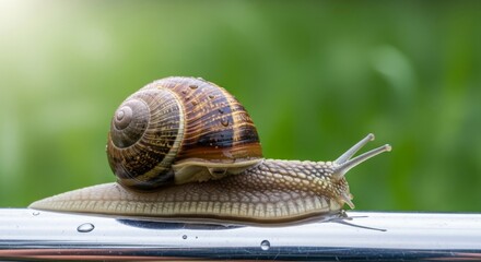 Close up of a snail with a brown shell crawling slowly.