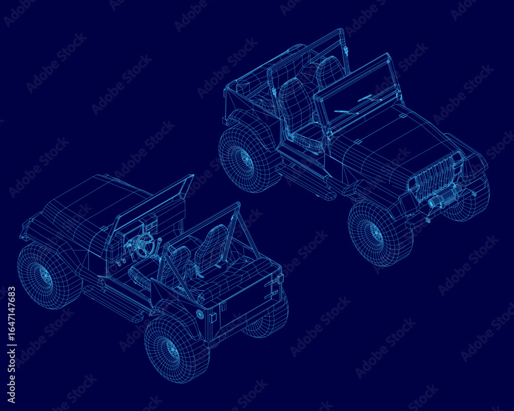 Poster two suv displayed in a detailed blueprint wireframe on a blue background, highlighting the suv desig