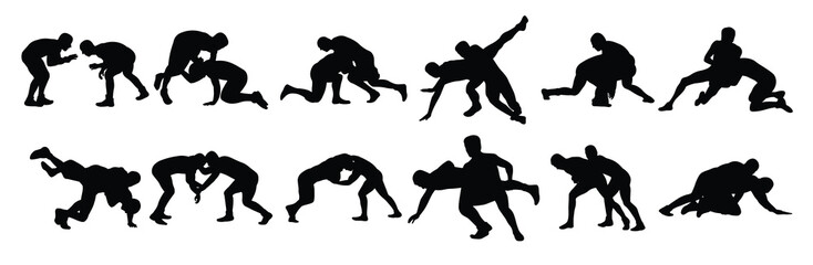 wrestling sport silhouettes illustration set