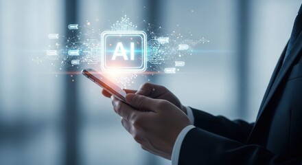 Person holding smartphone displaying futuristic artificial intelligence chip and digital network connections