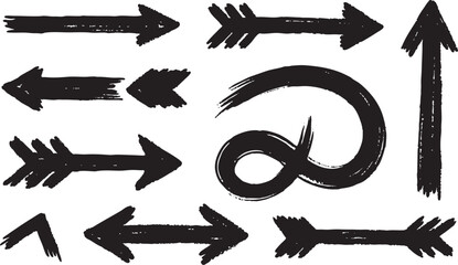 Assortment of handdrawn black arrows and abstract shapes isolated on white background