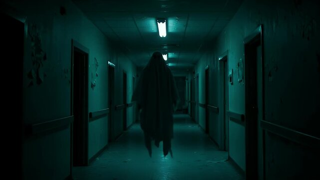 A terrifying ghostly apparition shrouded in white levitates ominously through the dark, eerie, and deserted corridor of a haunted hospital.