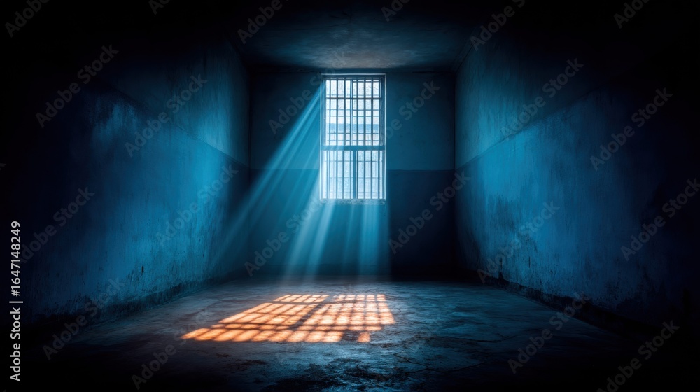 Aufkleber sunlight streams through a barred window illuminating a dark, empty prison cell with dramatic shadow