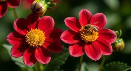 Honeybee gathers pollen on vibrant red dahlia flowers bloom.