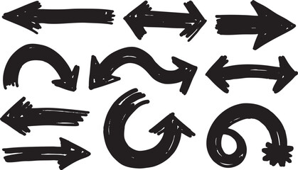 Assortment of handdrawn black arrows and abstract shapes isolated on white background