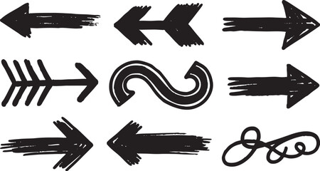 Assortment of handdrawn black arrows and abstract shapes isolated on white background