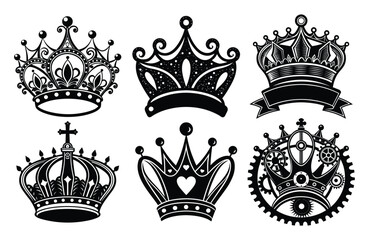 Crowns set collection of black silhouettes. Royal king and queen crown icons. Luxury and power symbols for logo design. Heraldic princess tiara vector illustration pack. © sumanavact
