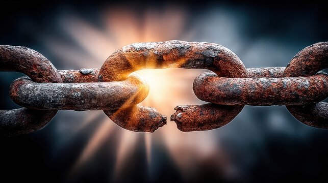A close-up shot of a broken, rusty chain, a strong symbol of freedom and breaking away.