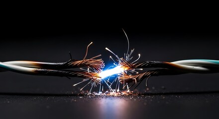 Electrifying disconnect high voltage arc between stripped electrical wires closeup