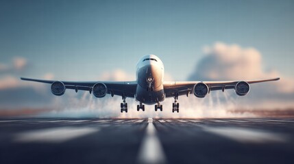 An airliner accelerates down the runway, ready to take flight into the bright sky above.