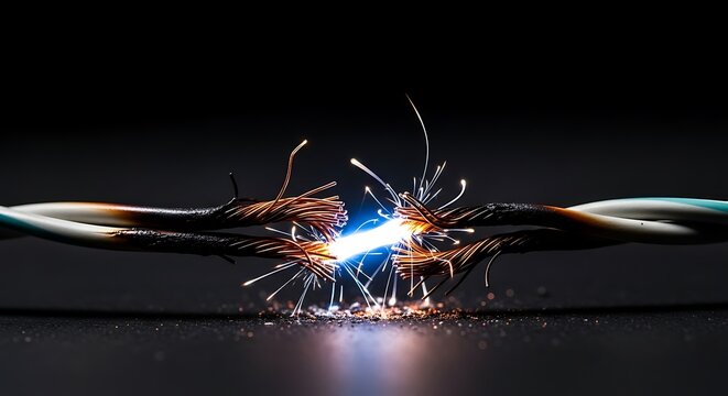 Electrifying disconnect high voltage arc between stripped electrical wires closeup