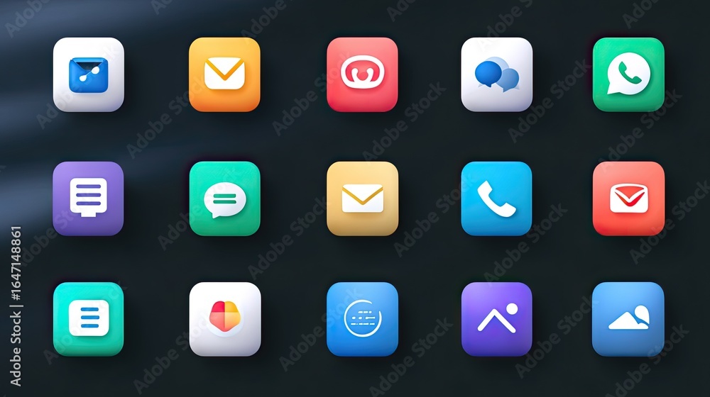 Aufkleber modern 3d app icons on a dark background, perfect for web design, mobile interfaces, and digital com