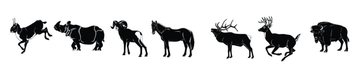 ungulate animals silhouettes set bighorn elk stag