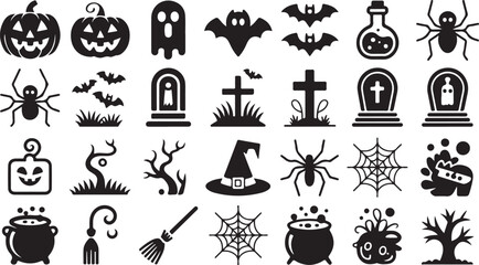 Fototapeta premium Halloween Silhouette Vector Illustration Set with Pumpkins and Bats