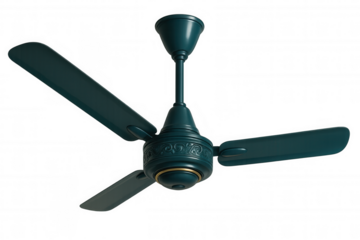 Spinning teal ceiling fan generating cool airflow, transparent backdrop enabling seamless graphic design integration