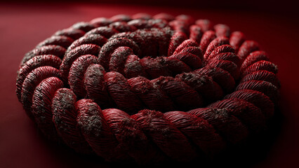 Red Rope Coiled in Spiral on Monochrome Red Background