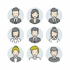 Minimalist vector icon set of office and corporate professions such as businessman, businesswoman, manager, secretary, employee, and team leader, in flat line art style.