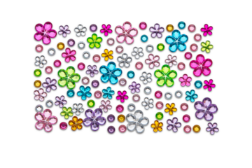 Colorful faceted flower shapes and small round gems scattered on gray background jewel crystal