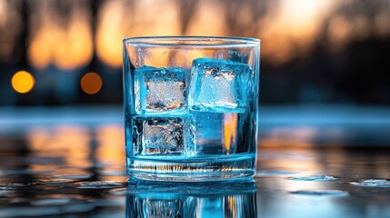 A close-up view of ice cubes in a glass of water.