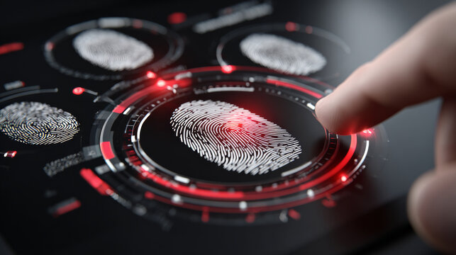 Fingerprint authentication interface with glowing red highlights, digital security, biometric verification, and modern technology concept