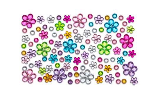 Colorful faceted flower shapes and small round gems scattered on gray background jewel crystal
