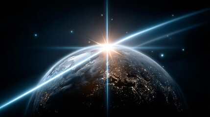 Sunrise over Earth space based solar energy vivid concept art glowing atmosphere futuristic technology night lights hope