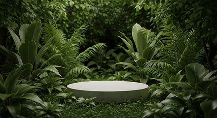 Photo of white podium surrounded by lush green tropical foliage in a serene forest