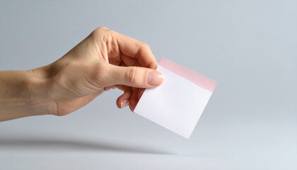 Hand Holding Blank Sticky Note Against Light Gray Background