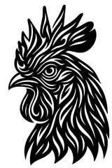 Tribal Rooster Head Vector Illustration – Ornamental Chicken Black and White Tattoo Design