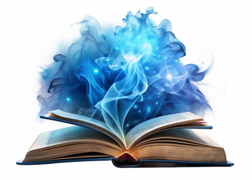 magic book with blue magical smoke isolated on white background PNG , AI GENERATED - Powered by Adobe