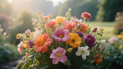 Vibrant Bouquet of Colorful Flowers with Dew Drops in a Garden Setting