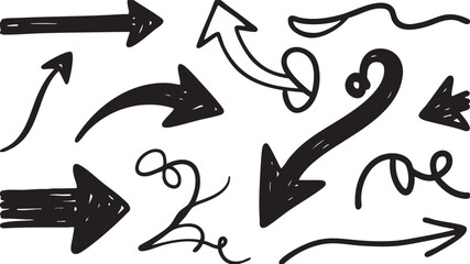 Set of black handdrawn arrows and directional elements isolated on white background