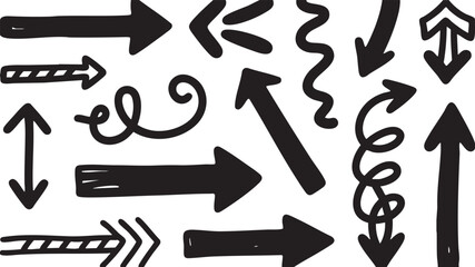 Various handdrawn black arrows and directional symbols isolated on white background