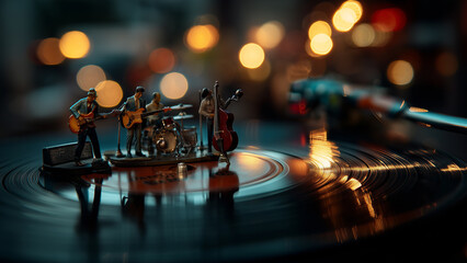 Miniature Jazz Band on Spinning Vinyl with Retro Urban Vibes