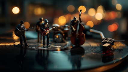 Miniature Jazz Band on Spinning Vinyl with Retro Urban Vibes