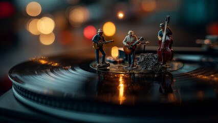 Miniature Jazz Band on Spinning Vinyl with Retro Urban Vibes
