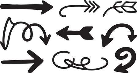 Various handdrawn black arrows and directional symbols isolated on white background