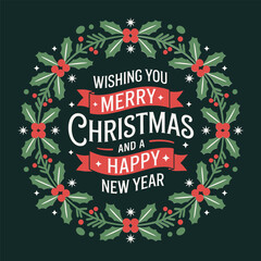 Merry Christmas wreath frame, holly leaves and berries with bow, elegant holiday greeting vector, seasonal card template © RA Studio